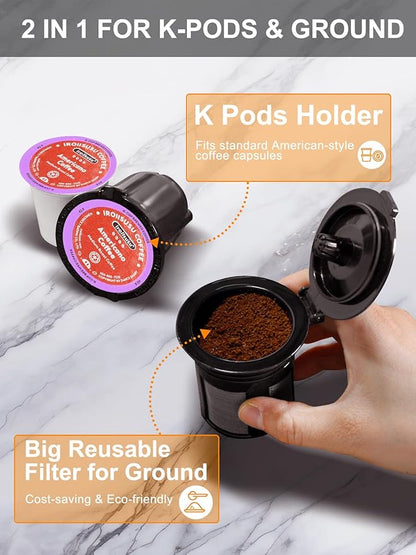 Slim Single Serve Coffee Maker, Fast Brew for K-Cup & Ground Coffee Small One Cup Coffee Maker, 6-12 Oz Brew Sizes, Coffee Machine with Descaling Reminder and Water Window,White