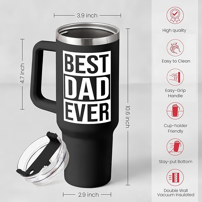 Dad Gifts for Dad from Daughter Son Best Dad Ever Tumbler with Handle 40oz Stainless Steel Insulated - Coffee Tumbler for Father's Day Birthday Christmas Cup Gift Set with Lid & Straw