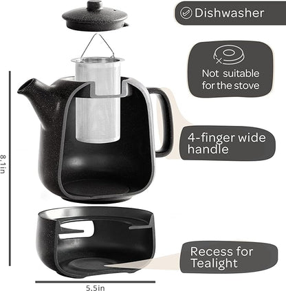 Steinzeit Design Tea Pot with Warmer (44 oz) - Premium Ceramic Teapot with Infuser for Loose Tea - Black Teapot Ceramic with Removable Steamer
