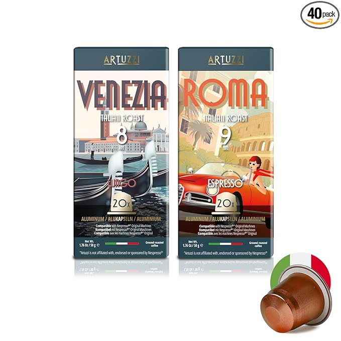 Artuzzi 40ct Coffee Pods Compatible with Nespresso Original Machines | Espresso & Lungo Coffee Capsules | Espresso Variety Pack I Italian Roast I Aluminum & Recyclable