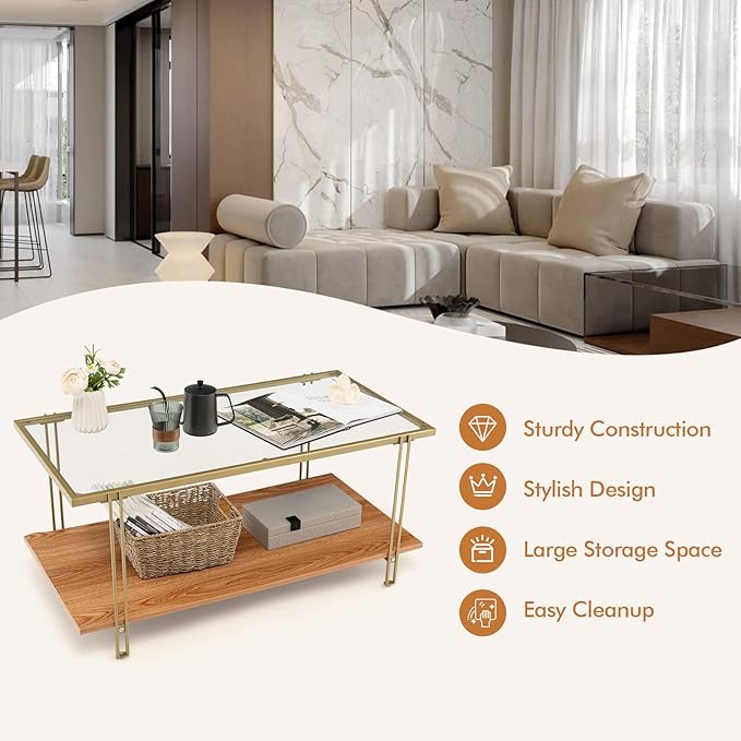Tangkula Glass Coffee Table, 40In Mid Century 2 Tier Rectangle Coffee Table, Tempered Glass Top & Wood Storage Shelf, Steel Frame, Adjustable Feet, Modern Cocktail Accent Table for Living Room (Gold)