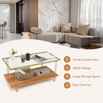 Load image into Gallery viewer, Tangkula Glass Coffee Table, 40In Mid Century 2 Tier Rectangle Coffee Table, Tempered Glass Top &amp; Wood Storage Shelf, Steel Frame, Adjustable Feet, Modern Cocktail Accent Table for Living Room (Gold)