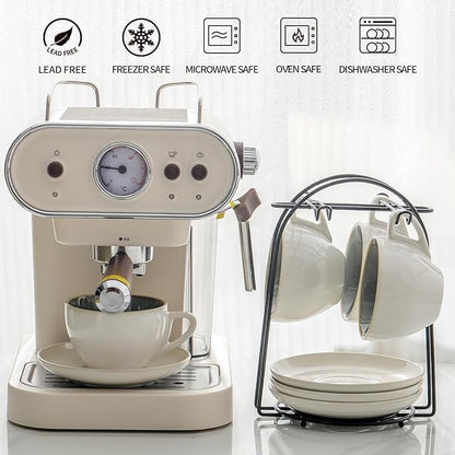 SIDUCAL Stackable Cappuccino Cup Set of 4 [8oz] Ceramic Coffee Cups with Saucers and Cup Holder,Microwave/Dishwasher Safe,Espresso Demitasse Cups(Green)