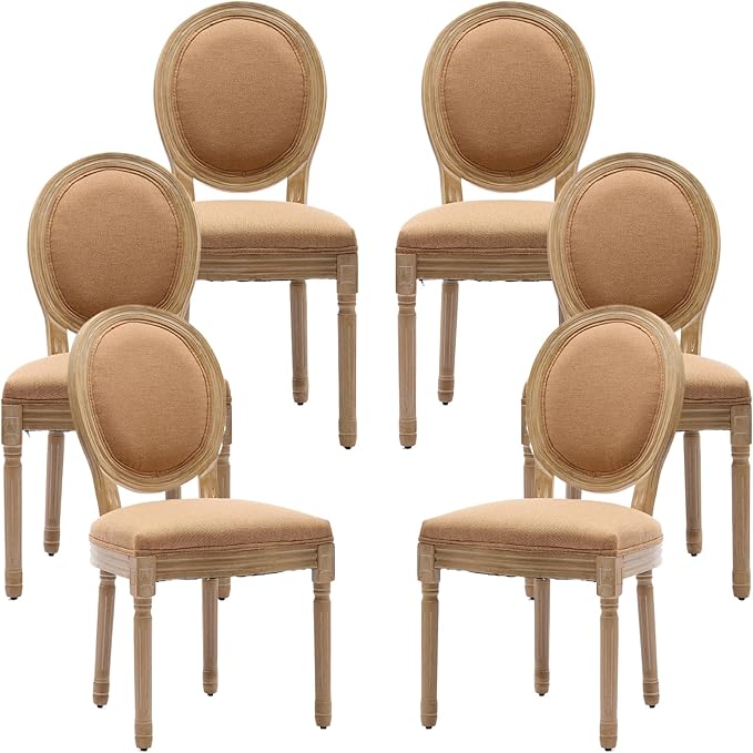 French Country Dining Chairs Set of 6, Amber Round Back Dining Chairs with Linen Upholstered Seat, Solid Wood Legs, Farmhouse Kitchen & Dining Room Chairs, Sillas De Comedor (Amber, 6Pcs)