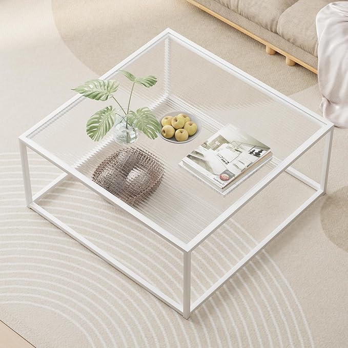 Glass Coffee Table Square Coffee Table for Small Space,Modern Minimalist Center Table for Living Room Home Office,Tempered Glass-top with Sturdy Metal Frame,Easy Assembly,27 x 27In, White