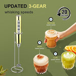 Load image into Gallery viewer, YUSWKO Champagne Gold Handheld Milk Frother Wand with Stand for Coffee, Rechargeable Electric Whisk with 3 Heads 3 Speeds Drink Mixer Coffee Frother For Latte, Cappuccino, Hot Chocolate, Egg