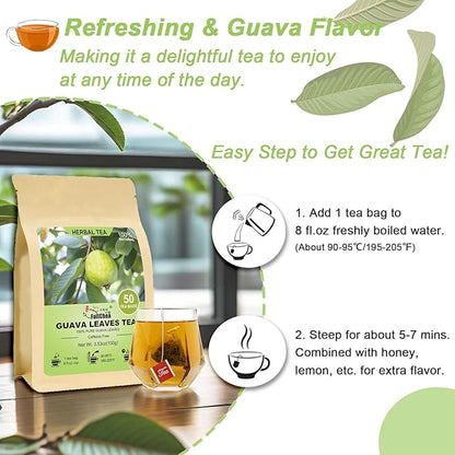 FullChea - Guava Leaves Tea Bags, 50 Teabags - Hojas De Guayaba, Premium Guava Leaf Tea - Non-GMO - Caffeine-free - Boost Immunity & Rich in Antioxidants