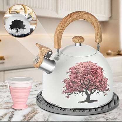 ARC Stainless Steel 2-Quart Whistling Milk White Tea Kettle with Magic Color Changing Design, Stovetop Teapot With Folding Cup & Trivet Mat