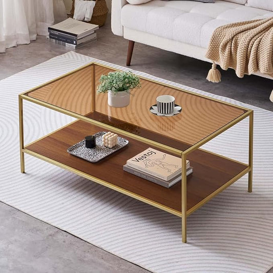 Glass Coffee Table for Living Room and Bedroom, 2-Tier Mid-Century Modern Table with Amber Tempered Glass Top and Walnut Finish Wood Shelf, Metal Legs with Gold Finish