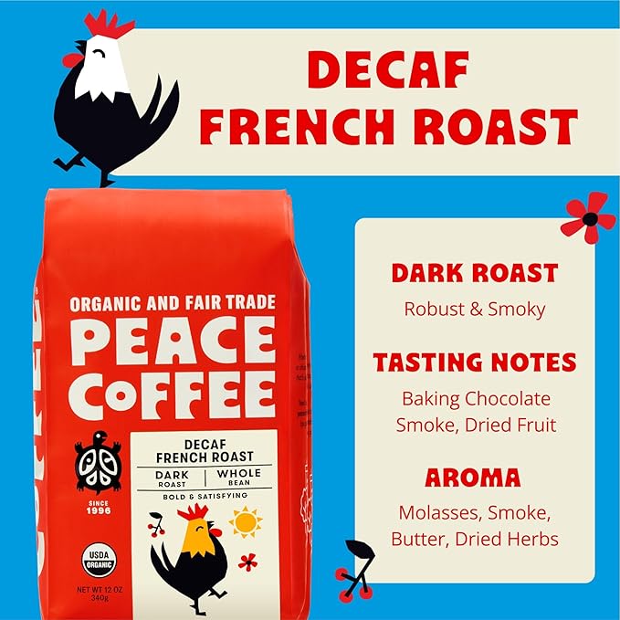 Peace Coffee Decaf French Roast | 20 oz Whole Bean Dark Roast | Organic Fair Trade | Rich, Bold Flavor | Shade Grown, Fresh Roasted