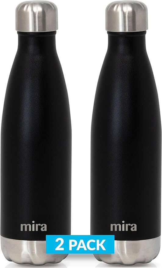 MIRA 2 Pack 17 oz Insulated Water Bottle - Stainless Steel Cola Shape Thermo - Double Wall Hot & Cold Flask (24Hr Cold/12Hr Hot) - Black