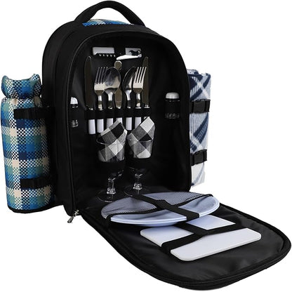 apollo walker Picnic Backpack Bag for 2 Person with Cooler Compartment, Detachable Bottle/Wine Holder, Fleece Blanket, Plates and Cutlery Set