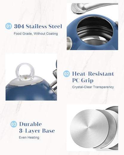 Harriet Tea Kettle Stovetop, 2.5 Quart Whistling Stainless Steel Tea Pot, 3-Layer Base, Unique Ergonomic Handle, Includes Pot Holder & Mat, Electric/Induction/Gas Stovetops Applicable, Blue