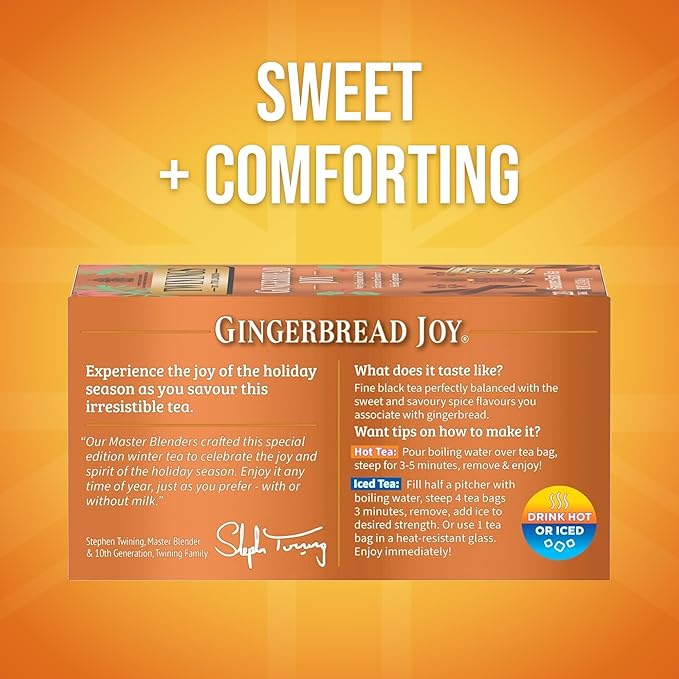 Twinings Gingerbread Joy Black Tea Individually Wrapped Bags, 20 Count (Pack of 1), Ginger & Cinnamon, Caffeinated, Enjoy Hot or Iced, 20 Teabags