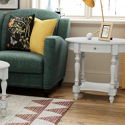 Solid Wood Oval End Table with Drawer and Storage Shelf, 28" Traditional Retro Side Table Polished Edging Sofa Table Bedside Nightstand for Living Room Bedroom Home, Antique White