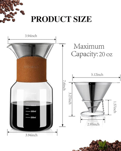 Pour Over Coffee Maker with Double-Layer Stainless Steel Filter, 20 oz Pour Over Coffee Dripper, Glass Carafe with Vintage Leather Collar and Cork Lid & Filter Stand for Espresso