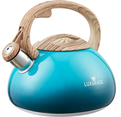 s-p Teapot Whistling Tea Kettle with Wood Pattern Handle Loud Whistle,Food Grade Stainless Steel Tea Pot for Stovetops Water Kettle(Blue)