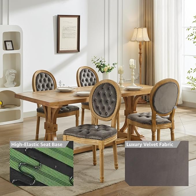 French Country Dining Chairs Set of 8, Grey Velvet Upholstered Dining Chairs, Tufted Back, Solid Wood Legs, Farmhouse Kitchen & Dining Room Chairs, Sillas De Comedor (Gray, 8Pcs)