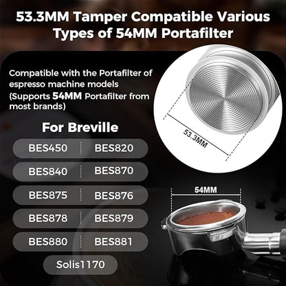 IKAPE Coffee Products, 53MM Espresso Tamper, Premium Barista Coffee Calibrated Tamper with Spring Loaded, 100% Stainless Steel Tamper Compatible with 54MM Breville Bottomless Portafilter (Silver)