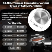 IKAPE Coffee Products, 53MM Espresso Tamper, Premium Barista Coffee Calibrated Tamper with Spring Loaded, 100% Stainless Steel Tamper Compatible with 54MM Breville Bottomless Portafilter (Silver)