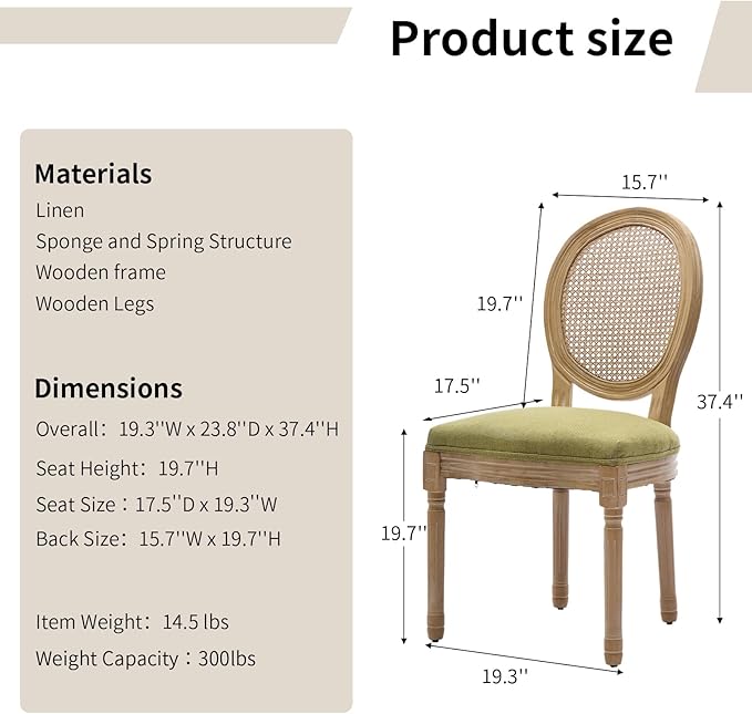 Vintage French Country Dining Chairs Set of 6, Rattan Dining Chairs with Solid Wood Legs, Upholstered Dining Chair, Sillas para Comedor, Kitchen & Dining Room Chair (Olive Green, Rattan, 6Pcs)