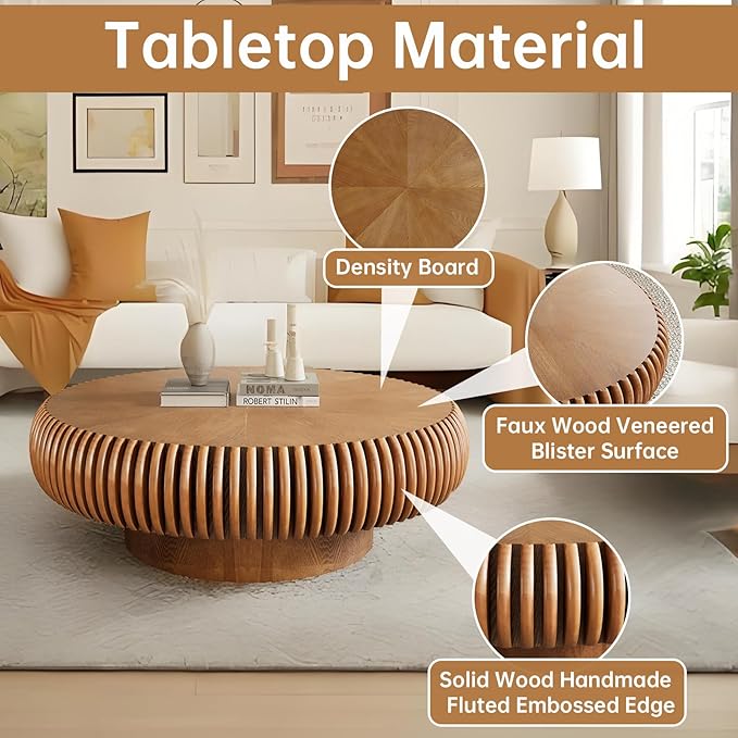 Round Coffee Table 39.3" Modern Brown Fluted Coffee Table Low Round Drum Pedestal Coffee Tables for Living Room Farmhouse (Brown 39.3 inch)