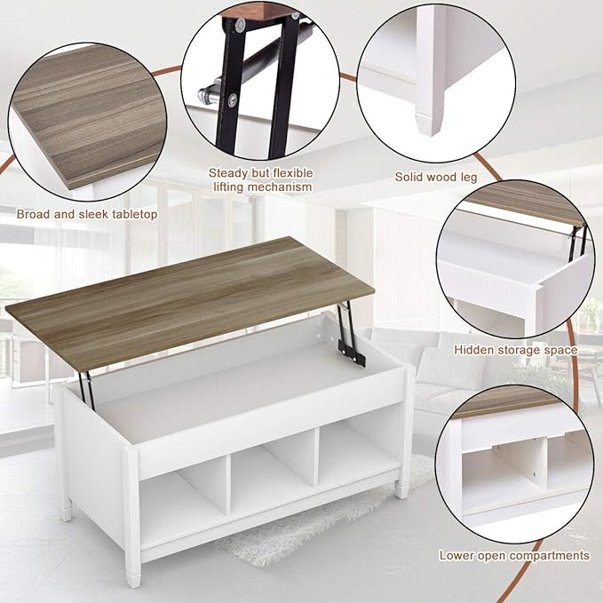DORTALA Lift Top Coffee Table, Wood Cocktail Table w/Hidden Compartment & Lower Storage Shelves, Wood Laptop Table, Lift Tabletop Home Furniture for Living Room, Guest Room, Office, White