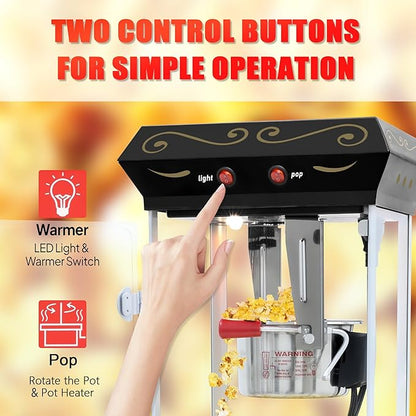 8OZ Popcorn Machine with Cart & Wheels 丨 Stainless Steel Kettle Popcorn Maker Machine for Home, Theater, Parties丨 Grade Electric Popper, Black