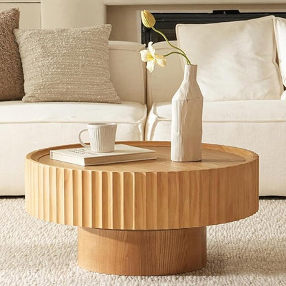 Round Coffee Table, Modern Living Room Tables with Mushroom Shape and Grooved Design, Circle Accent Pinewood Center Table for Living Room, Apartment (Nature Wood, 31.8''L×14.9''H)