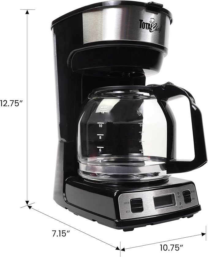 Total Chef Drip Coffee Maker – 12 Cup Programmable Cafe Machine With Glass Pot, Regular & Bold Brew, Autoshut Off Large Water Reservoir, Reusable Filter, Kitchen Appliances For Cafeteria Barista