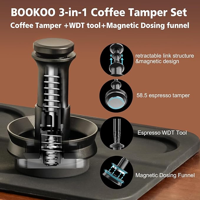 BOOKOO 3-in-1 Espresso Tamper 58.5mm Espresso Distribution Tool Magnetic Dosing Funnel with Spring Loaded Sound Feedback 304 Stainless Steel WDT Tool Espresso Stirrer Needle Coffee Tamper Set
