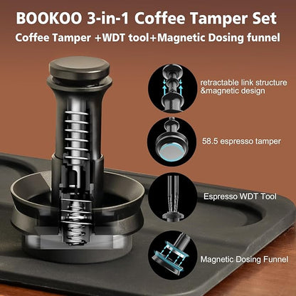 BOOKOO 3-in-1 Espresso Tamper 58.5mm Espresso Distribution Tool Magnetic Dosing Funnel with Spring Loaded Sound Feedback 304 Stainless Steel WDT Tool Espresso Stirrer Needle Coffee Tamper Set