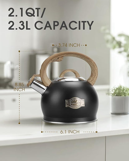 Tea Kettle Stovetop, Black Tea Kettles-2.1 Quart Loud Whistle Stovetop Teapot,Food Grade Stainless Steel with Wood Pattern Handle, Unique Button Control Kettle Outlet for Tea, Coffee
