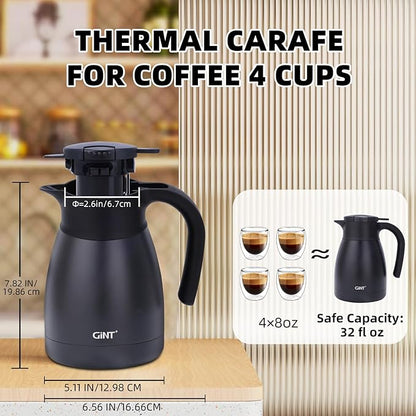 GiNT 1L / 34Oz Thermal Coffee Carafe, Insulated Stainless Steel Coffee Carafes for Keeping Hot/Double Walled Vacuum Thermal Carafe (Black)