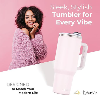 40 oz Tumbler With Handle and Straw Made of Stainless Steel - Double Wall Vacuum Insulated Tumbler With Lid - Sweat Proof Easy Grip, BPA-Free, Dishwasher Safe Tumbler (Rose Quartz)