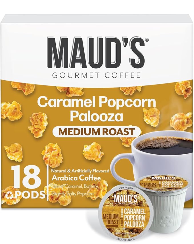 Maud's Caramel Popcorn Flavored Coffee Pods, 18 ct, Medium Roast Flavored Coffee in Recyclable Single Serve Pods – 100% Arabica Beans, Compatible with Keurig K Cups Maker