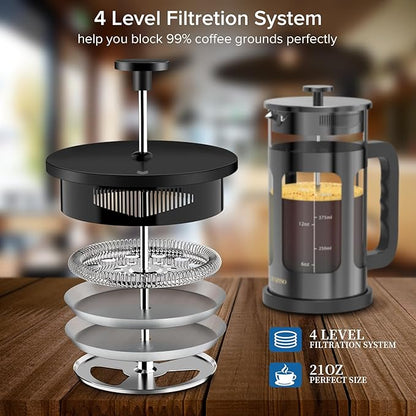 French Press Coffee Maker, French Press 304 Stainless Steel with 4 Filter, Heat Resistant Durable, Easy to Clean, Borosilicate Glass Coffee Press, 100% BPA Free Glass Teapot, 21 ounce, Dark Pewter
