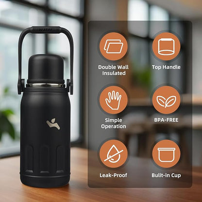 Insulated Water Bottle with Handle and Strap,Vacuum Travel Tumbler with Cup Lid,Thermo Coffee Cup for Hot Cold Drinks 27 OZ,Black