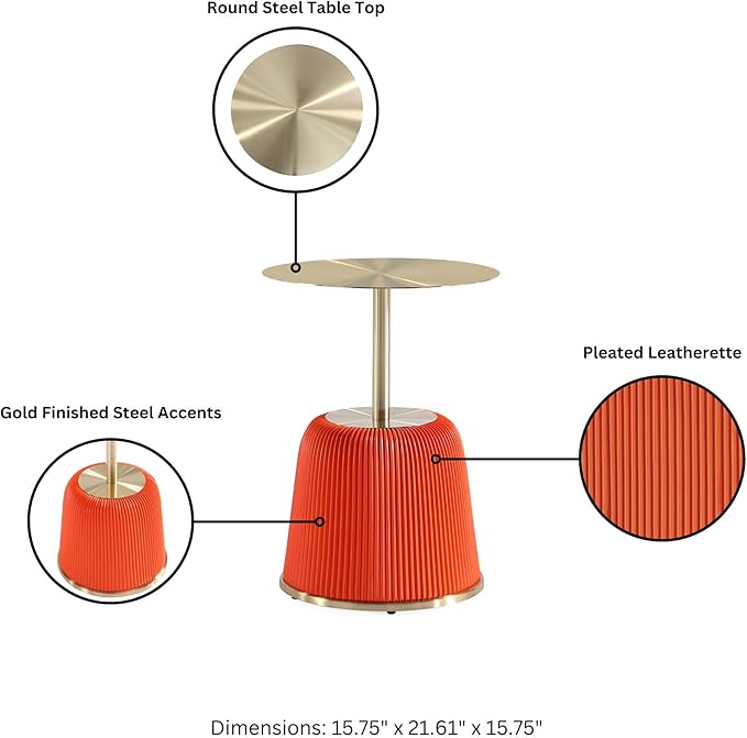 Manhattan Comfort Modern Anderson Coffee Table, 1.0 & 2.0 End Table, Upholstered in Orange Leatherette with Ceramic Faux Tabletop and Gold Metal Tabletop- Set of 3