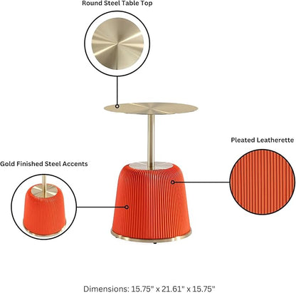 Manhattan Comfort Modern Anderson Coffee Table, 1.0 & 2.0 End Table, Upholstered in Orange Leatherette with Ceramic Faux Tabletop and Gold Metal Tabletop- Set of 3