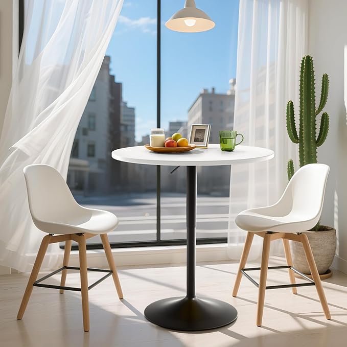 Athena Collection Bar Table Modern Round Cocktail Table Height Adjustable, Tall Bistro Pub Table with Sturdy Base, Suitable for Home, Kitchen, Pub, Restaurant, White