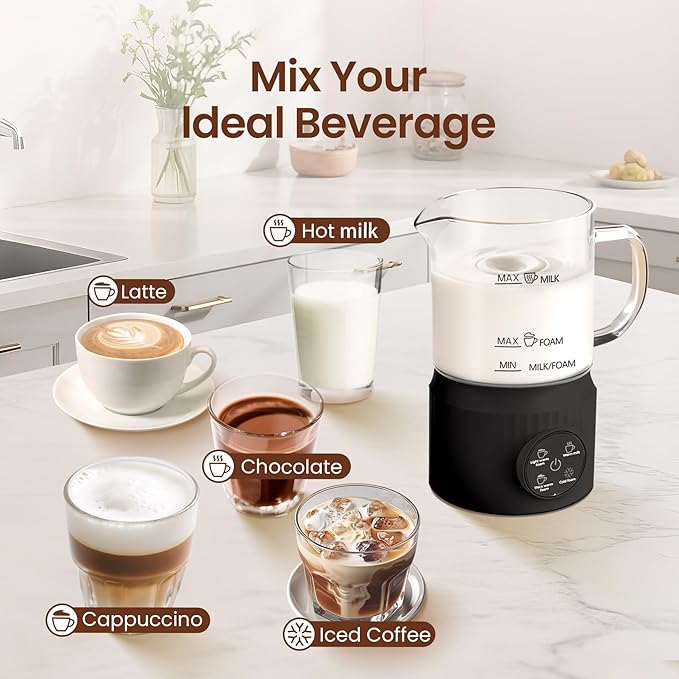 4-in-1 Milk Frother, Electric Milk Frother and Steamer with LED Touch Screen, Non-stick Bottom, Milk Warmer 13.52oz for Lattes, Cappuccinos, and Macchiatos at Home, Black