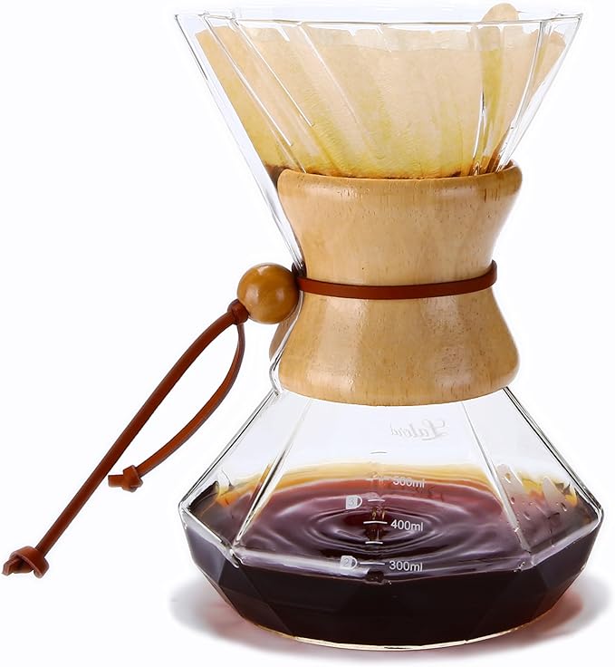 Pour Over Coffee Maker, 19 oz Borosilicate Glass Coffee Carafe with 100 PCS Paper Filter, Wooden Collar & Cowhide rope, Glass Coffee dripper (Clear, 550 ml(only Paper Filter))