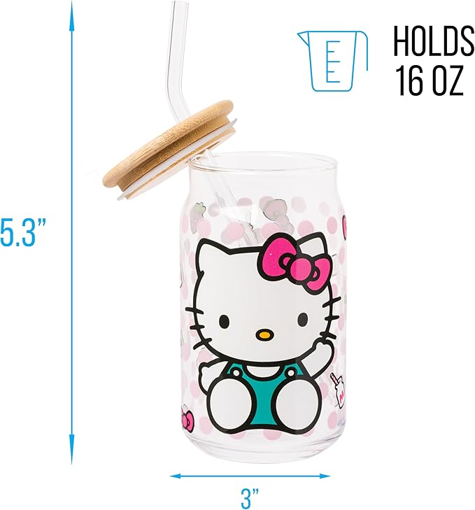 Silver Buffalo Sanrio Hello Kitty Strawberry Milk Bow Pink Polka Dot Glass Jar Tumbler with Bamboo Lid and Glass Straw, 16 Ounces