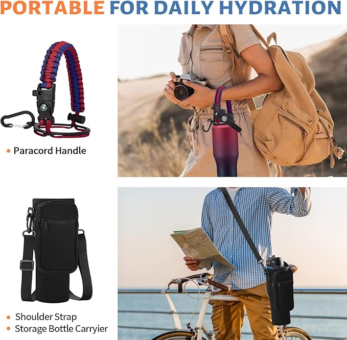 32/40 oz Insulated Water Bottle with straw Fit in any Car Cup Holder, Keep Cold 48H Hot 24H，Stainless Steel Water Bottle with Spout lid, Carrier Bag, Paracord Handle for Gym, Workout & Beach