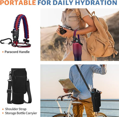 32/40 oz Insulated Water Bottle with straw Fit in any Car Cup Holder, Keep Cold 48H Hot 24H，Stainless Steel Water Bottle with Spout lid, Carrier Bag, Paracord Handle for Gym, Workout & Beach