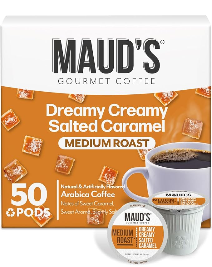 Maud's Salted Caramel Flavored Coffee Pods, 50ct, Medium Roast Flavored Coffee in Recyclable Single Serve Pods – 100% Arabica Beans, Compatible with Keurig K Cups Maker