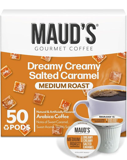 Maud's Salted Caramel Flavored Coffee Pods, 50ct, Medium Roast Flavored Coffee in Recyclable Single Serve Pods – 100% Arabica Beans, Compatible with Keurig K Cups Maker