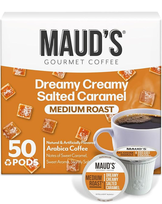 Maud's Salted Caramel Flavored Coffee Pods, 50ct, Medium Roast Flavored Coffee in Recyclable Single Serve Pods – 100% Arabica Beans, Compatible with Keurig K Cups Maker