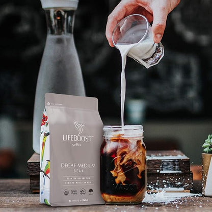 Lifeboost Medium Roast Decaf Coffee Beans – Organic Low Acid Swiss Water Decaf – Whole Bean Coffee – Third Party Tested for Mycotoxins & Pesticides – Chemical Free – 12 oz